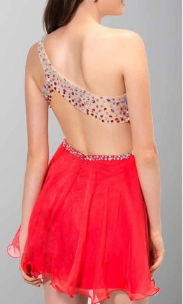 Short red one-shoulder prom dress with heavy rhinestone bodice and mini skirt KSP386