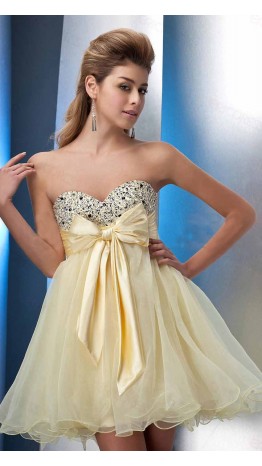 Pastel Yellow Sequin Empire Bowknot Short Prom Gown KSP392