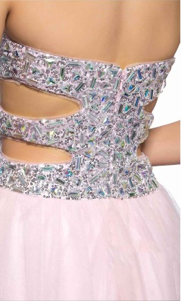 Short light pink glitter prom dress with sweetheart neckline and waist cut-outs KSP394