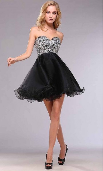 Sequined Empire Short Black Prom Dress Lace Up Back