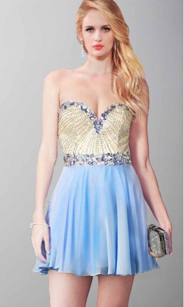 Jewel and Sequin Sweetheart Short Blue Prom Dresses 