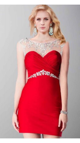 Jeweled illusion Sheath Short Red Mini Cocktail Dress KSP416