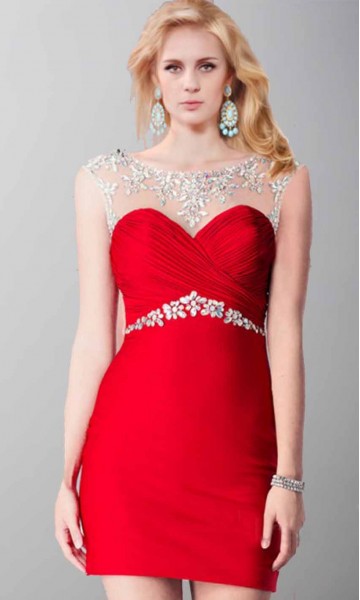 Jeweled illusion Sheath Short Red Mini Cocktail Dress 