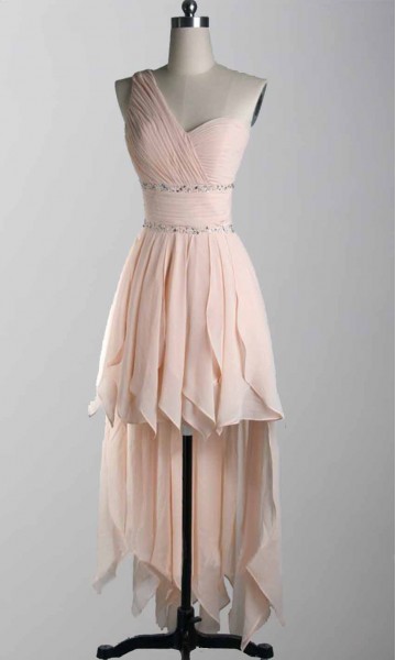 Blush Pink One Shoulder High Low Prom Dresses