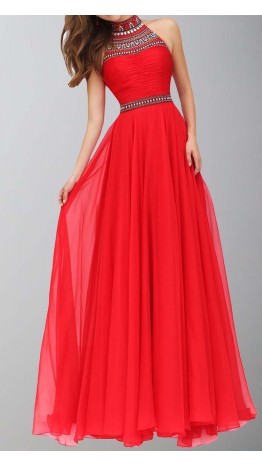 Long Red Prom Dresses with Jeweled High Neck KSP427