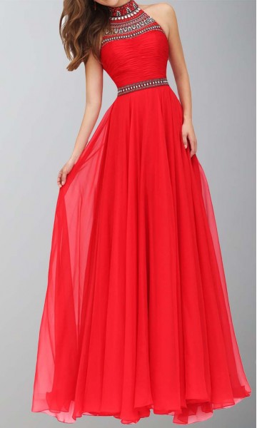 Long Red Prom Dresses with Jeweled High Neck