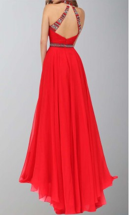 Long Red Prom Dresses with Jeweled High Neck