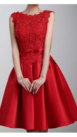 Short Red Bridesmaid Dress Oblong Neckline KSP430