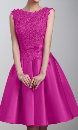 Short red satin bridesmaid dress with unique oblong neckline and flared A-line skirt KSP430