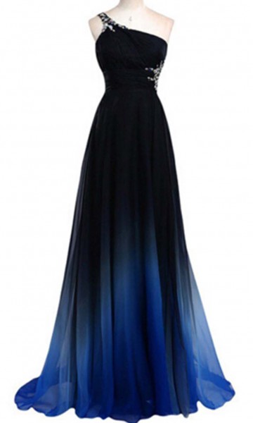 Long Ombre Blue Prom Dresses One Shoulder
