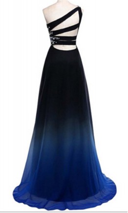 Long Ombre Blue Prom Dresses One Shoulder