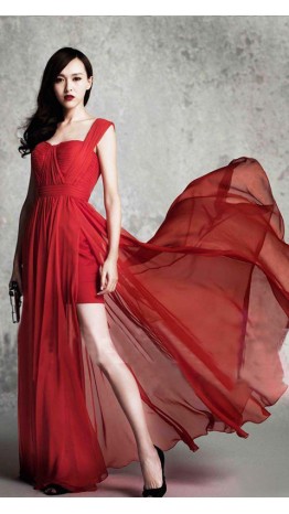Flowing Long Red Prom Dresses With Tank Straps KSP435