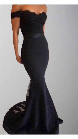Black Applique Off Shoulder Long Bridesmaid Dresses KSP444