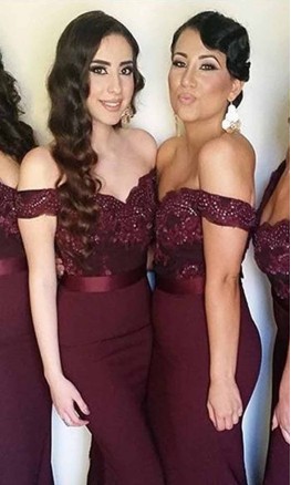 Black Lace Applique Off-the-Shoulder Bridesmaid Dress KSP444