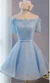 Cute Blue Off Shoulder Short Prom Dress Short Sleeves KSP446