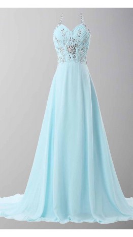 Sky Blue Halter Long Prom Dresses Lace Up Back KSP447