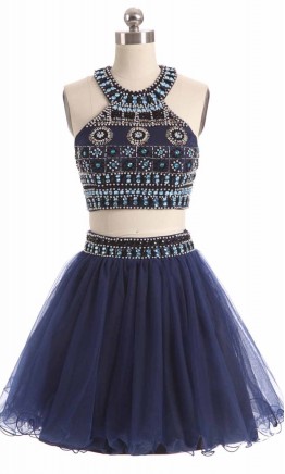 Beading Halter Straps Two-pieces Short Blue Prom Dress