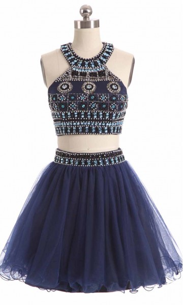 short beaded two pieces prom dress