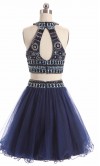 Beading Halter Straps Two-pieces Short Blue Prom Dress