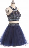 Beading Halter Straps Two-pieces Short Blue Prom Dress