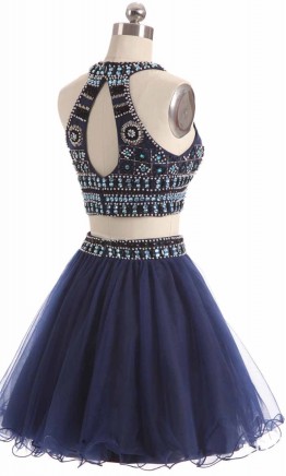 Beading Halter Straps Two-pieces Short Blue Prom Dress