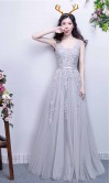 Applique Lace V-neck Long Grey Prom Gowns with Straps KSP451