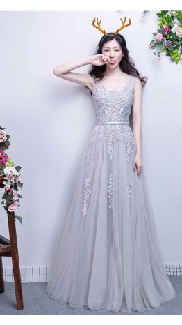 Applique Lace V-neck Long Grey Prom Gowns with Straps KSP451