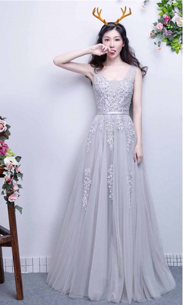 Applique Lace V-neck Long Grey Prom Gowns with Straps 
