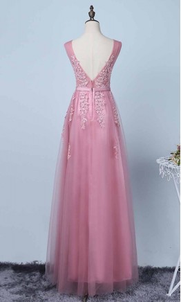 Applique Lace V-neck Long Grey Prom Gowns with Straps 