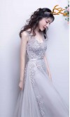 Applique Lace V-neck Long Grey Prom Gowns with Straps 