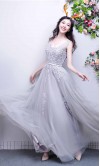 Applique Lace V-neck Long Grey Prom Gowns with Straps 