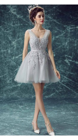 Grey Short Prom Dresses with Applique Lace Up KSP452