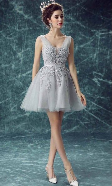 Grey Short Prom Dresses with Applique Lace Up KSP452