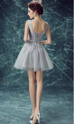 Grey Short Prom Dresses with Applique Lace Up