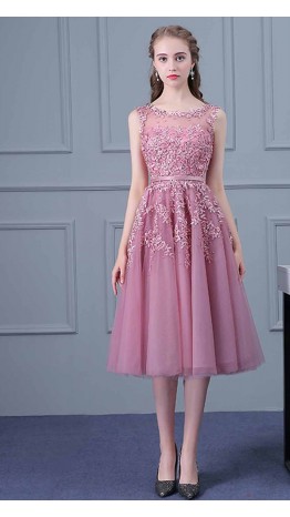 Floral Applique Lace Cowl Neck Mid-length Prom Gown KSP453