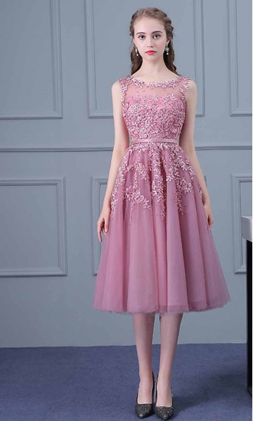  Floral Applique Lace Cowl Neck Mid-length Prom Gown KSP453