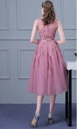 Pastel pink floral applique lace midi prom dress with cowl neck KSP453