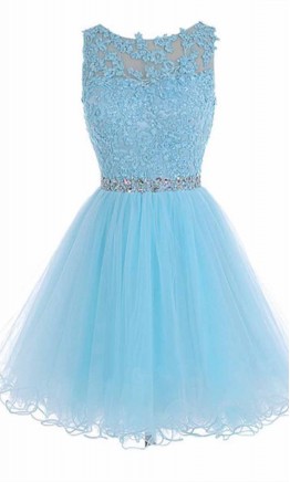 Sky Blue High Illusion Short Lace Prom Dresses