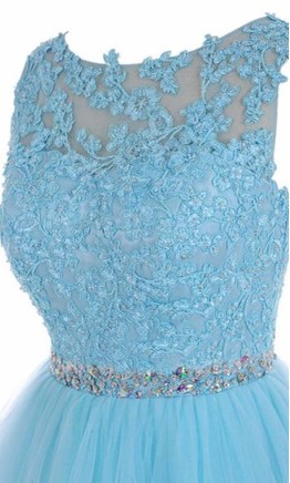 Sky Blue High Illusion Short Lace Prom Dresses KSP455