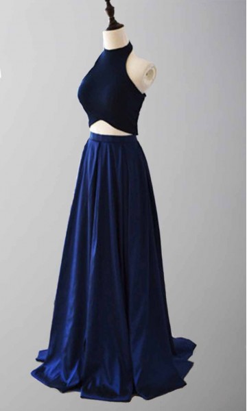 Long Blue Two Pieces Prom Dresses