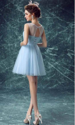 Cute Blue Illusion Prom Dress Short Keyhole Back