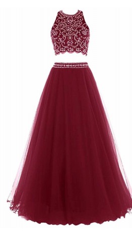 Crystal Halter Two-pieces Long Red Prom Gowns KSP464