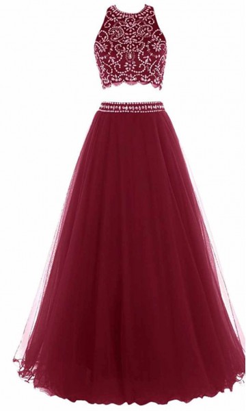 Crystal Halter Two-pieces Long Red Prom Gowns KSP464