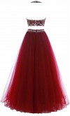 Crystal Halter Two-pieces Long Red Prom Gowns