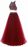 Crystal Halter Two-pieces Long Red Prom Gowns