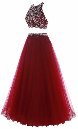 Two-piece red long prom dress with silver crystal beaded halter top and flowing red skirt KSP464