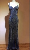 Glitter Spaghett Fitted Blue Long Sheath Formal Dresses KSP467