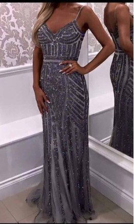 Long fitted glitter blue formal dress with spaghetti straps and plunging V-neckline KSP467