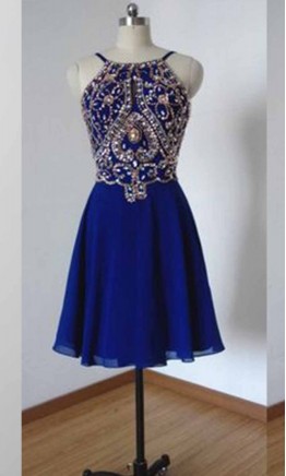 Short Jeweled Backless Halter Prom Dresses