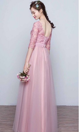 Pink Applique Bateau Half Sleeves Prom Dresses Long KSP473